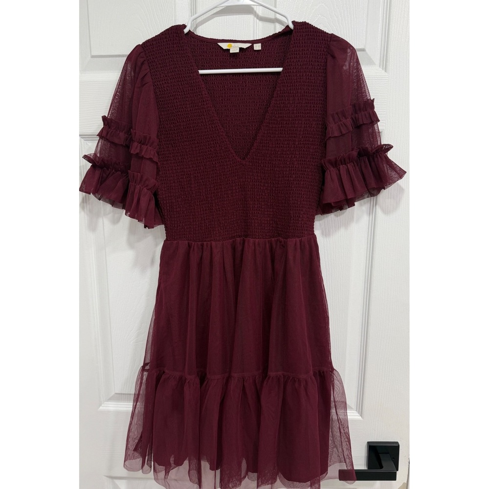 Boden Women Burgundy Smocked Tulle Ruffle Sleeve Mini Dress US 2R D0480